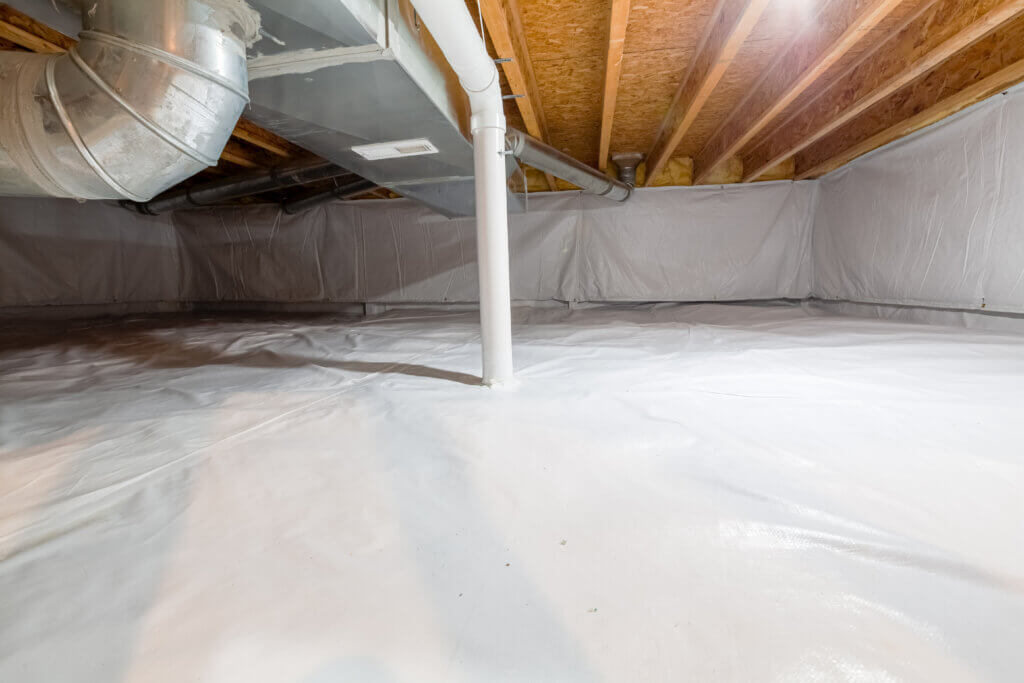 A basement crawl space shows the end result of a vapor intrusion mitigation.